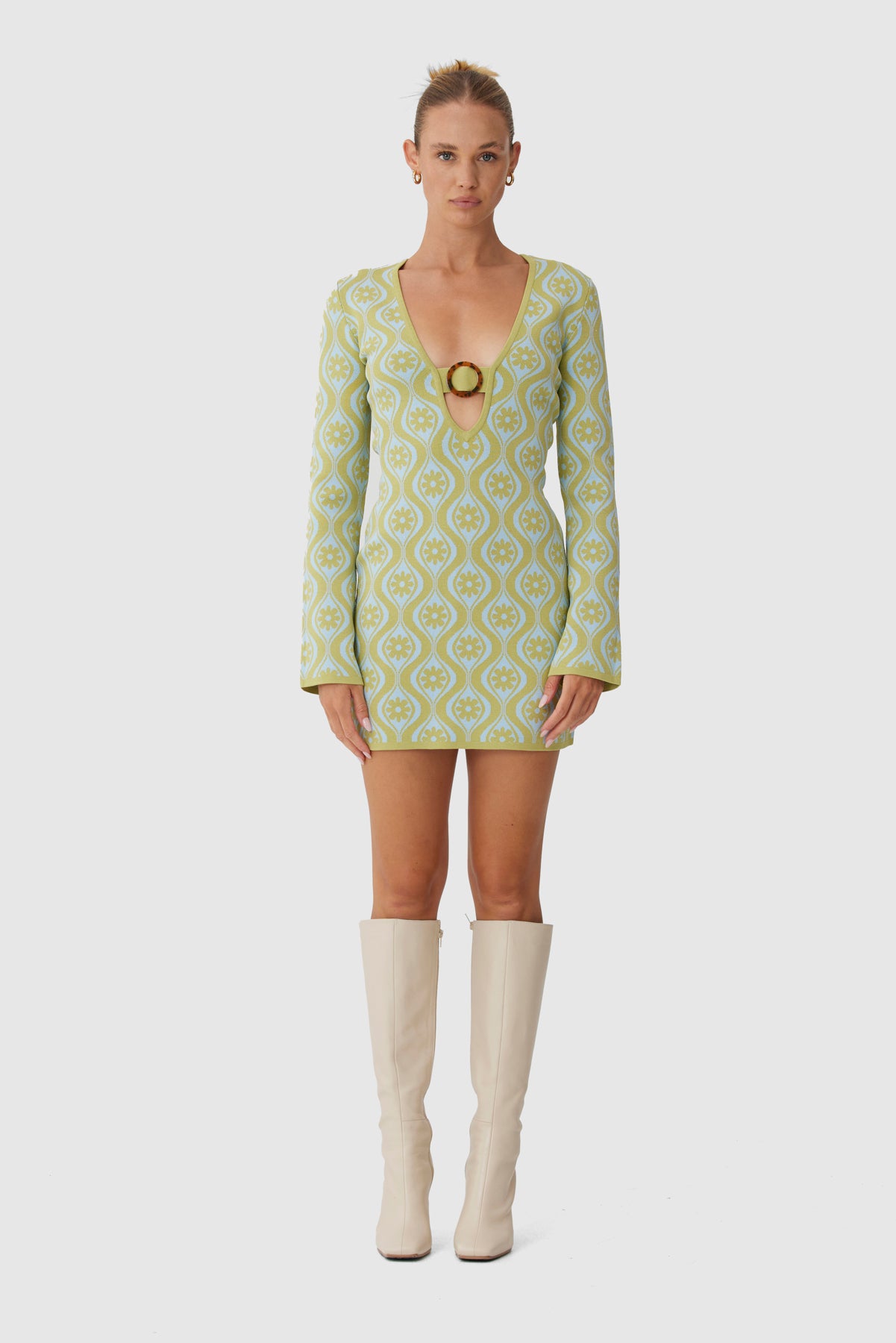 Finders - Quinn Knit Dress - Lime Retro Floral