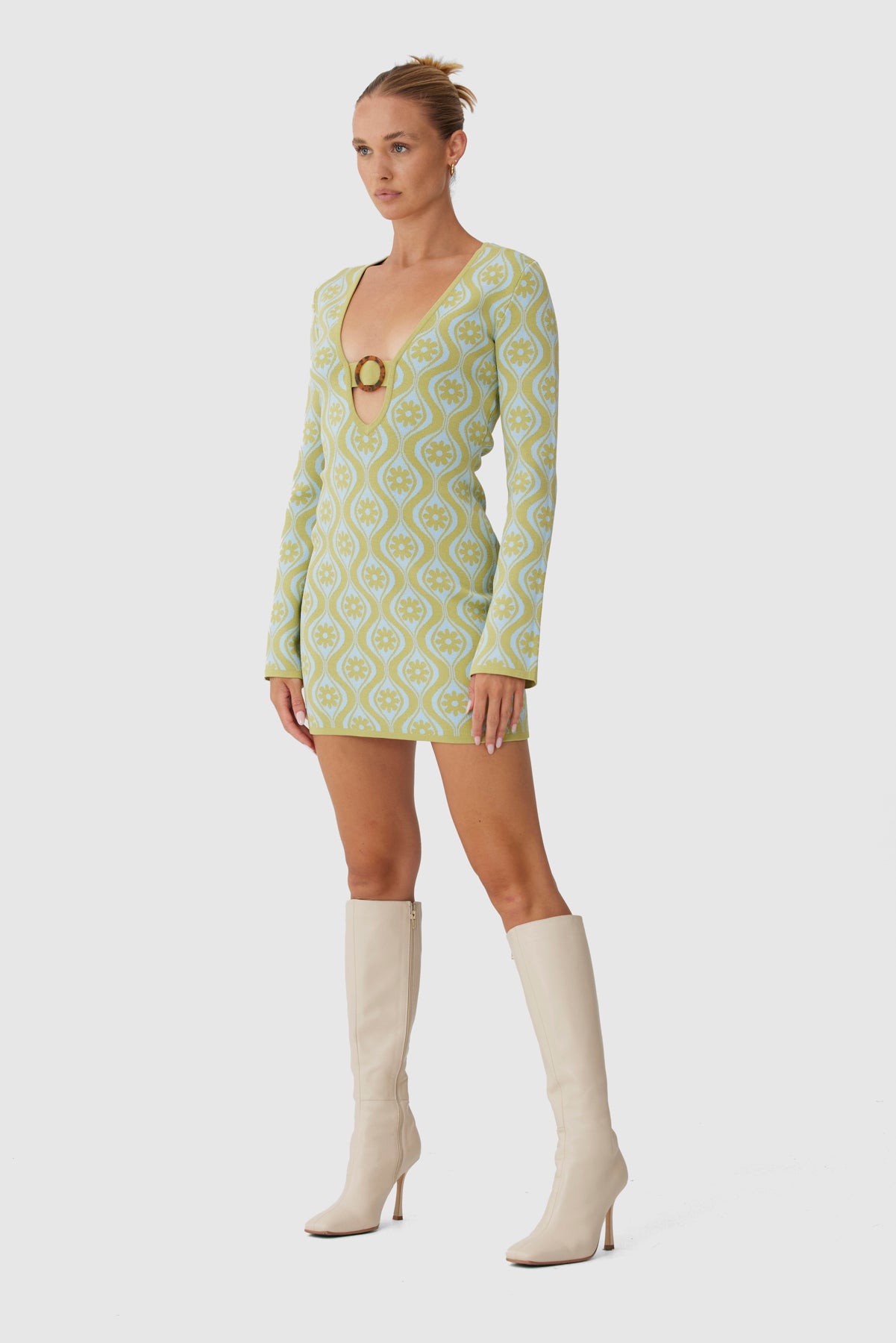 Finders - Quinn Knit Dress - Lime Retro Floral